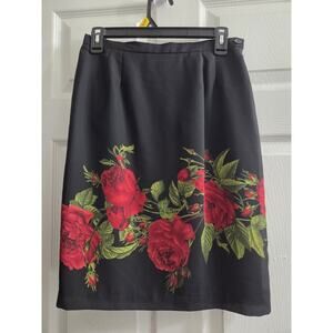 Virgo Skirt Womens Black Red Roses Lined Career Office Wear Lightweight 10P
